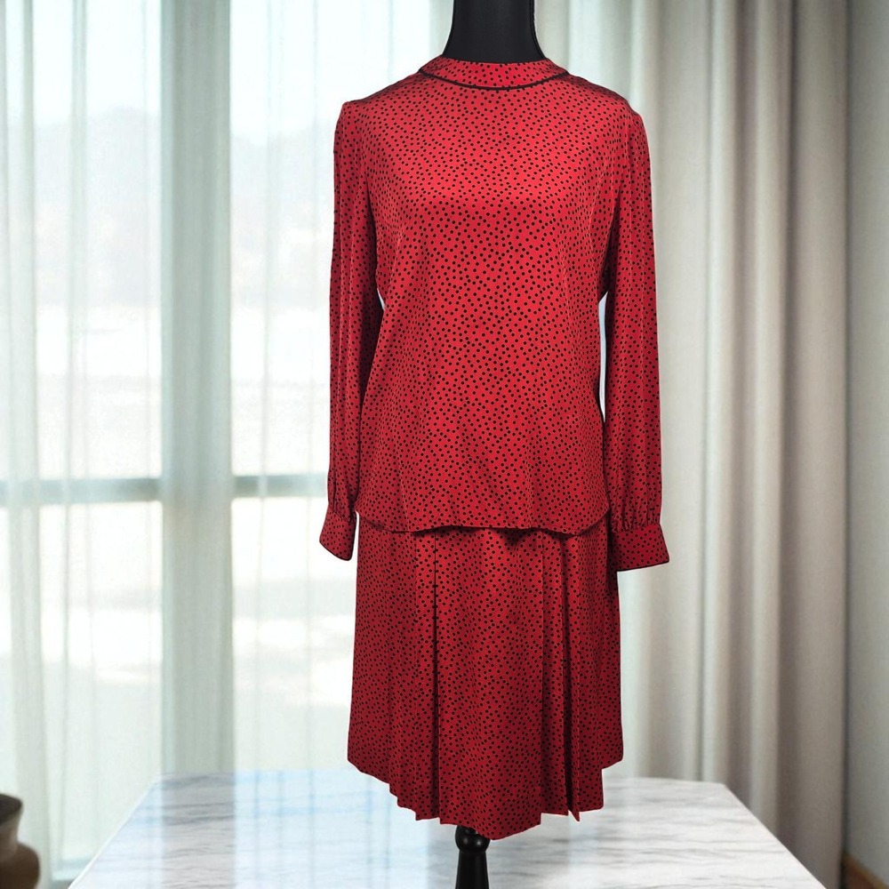 Christian A.‎ Silk Blouse and Pleated Skirt Set Woman S? Red Polka Black Dot VTG